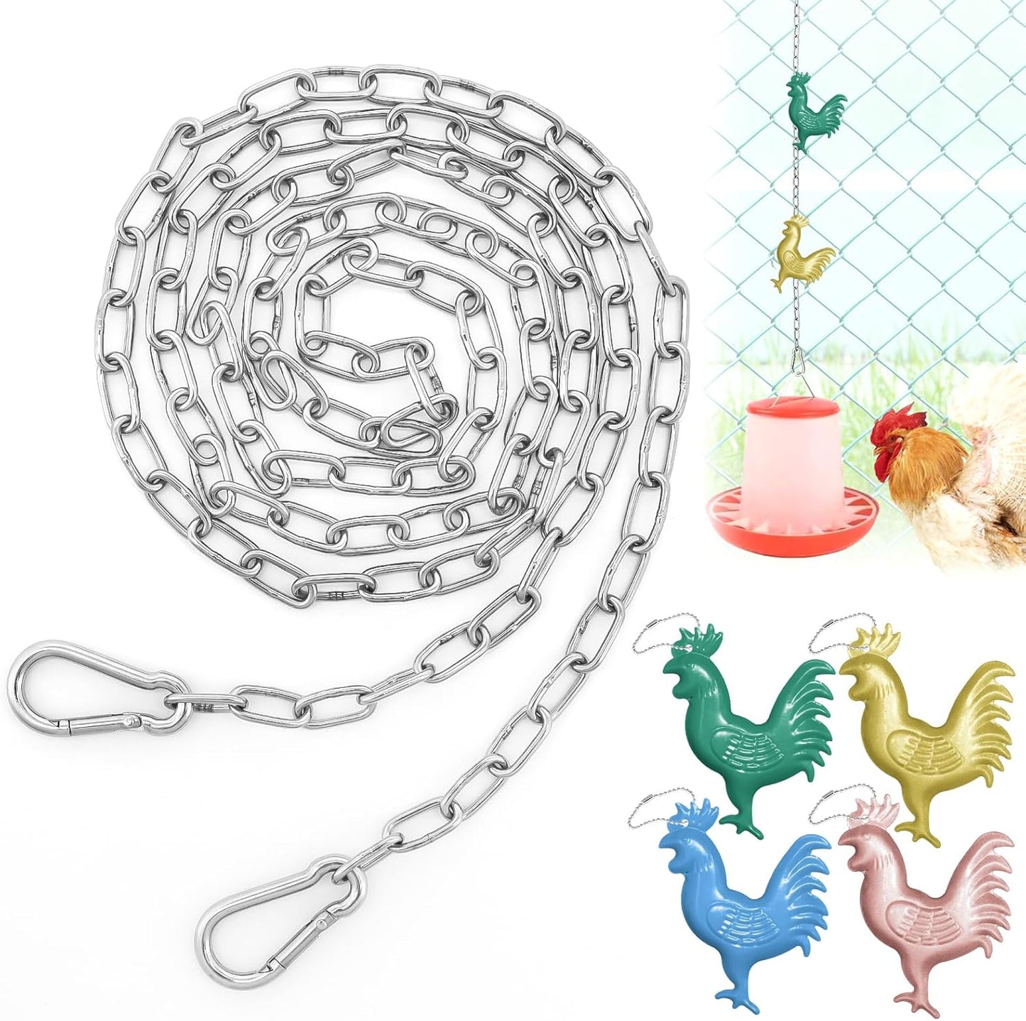 5 Ft Hanging Chain with 2 Chain Hooks 4 Chicken Coop Signs for Chicken Feeders, Stainless Steel Metal Small Chain For Chiken Bird Coop Accessories Feeders Waterer Plant Hooks Hanger Hold Up 13 Lbs