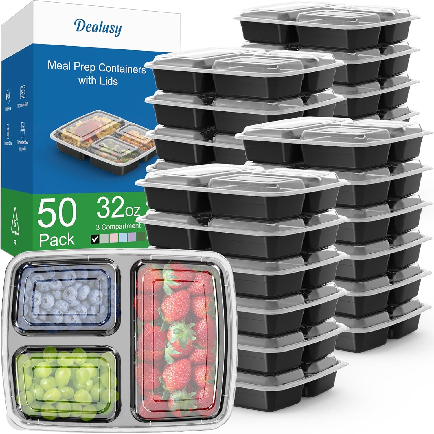 50 Pack (100-Piece) 32 oz Meal Prep Containers Reusable with Lids 3-Co