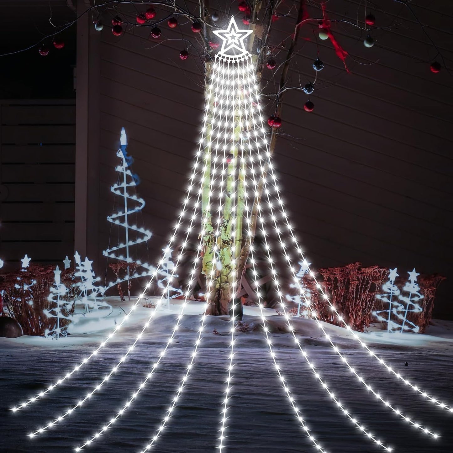 HELESIN Solar Outdoor Christmas Decorations Lights, 350LED Christmas Star Tree Light wth Remote Control, 8 Modes Waterfall Lights USB Charge for Holiday Xmas Tree Patio Yard Decor, Cold White