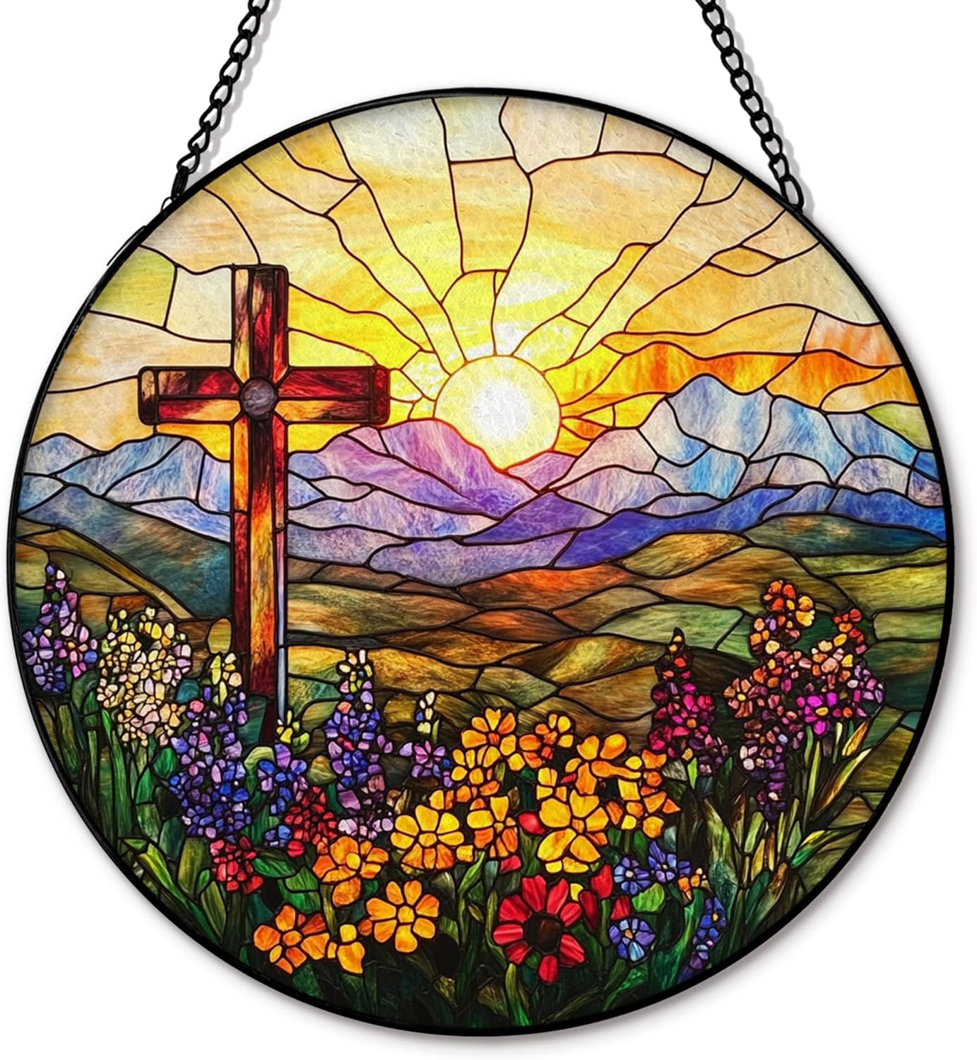 Cross Flower Suncatcher Stained Glass Window Hanging, Christian Wildflower Sunset Landscape Sun Catchers Indoor Window Glass Round Wall Decor, Religious Wall Art Hanging Decorations, ＂7.8x7.8＂