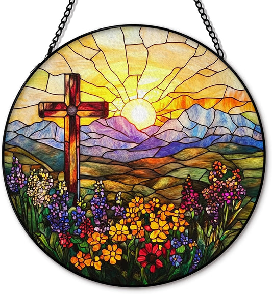 Cross Flower Suncatcher Stained Glass Window Hanging, Christian Wildflower Sunset Landscape Sun Catchers Indoor Window Glass Round Wall Decor, Religious Wall Art Hanging Decorations, ＂7.8x7.8＂