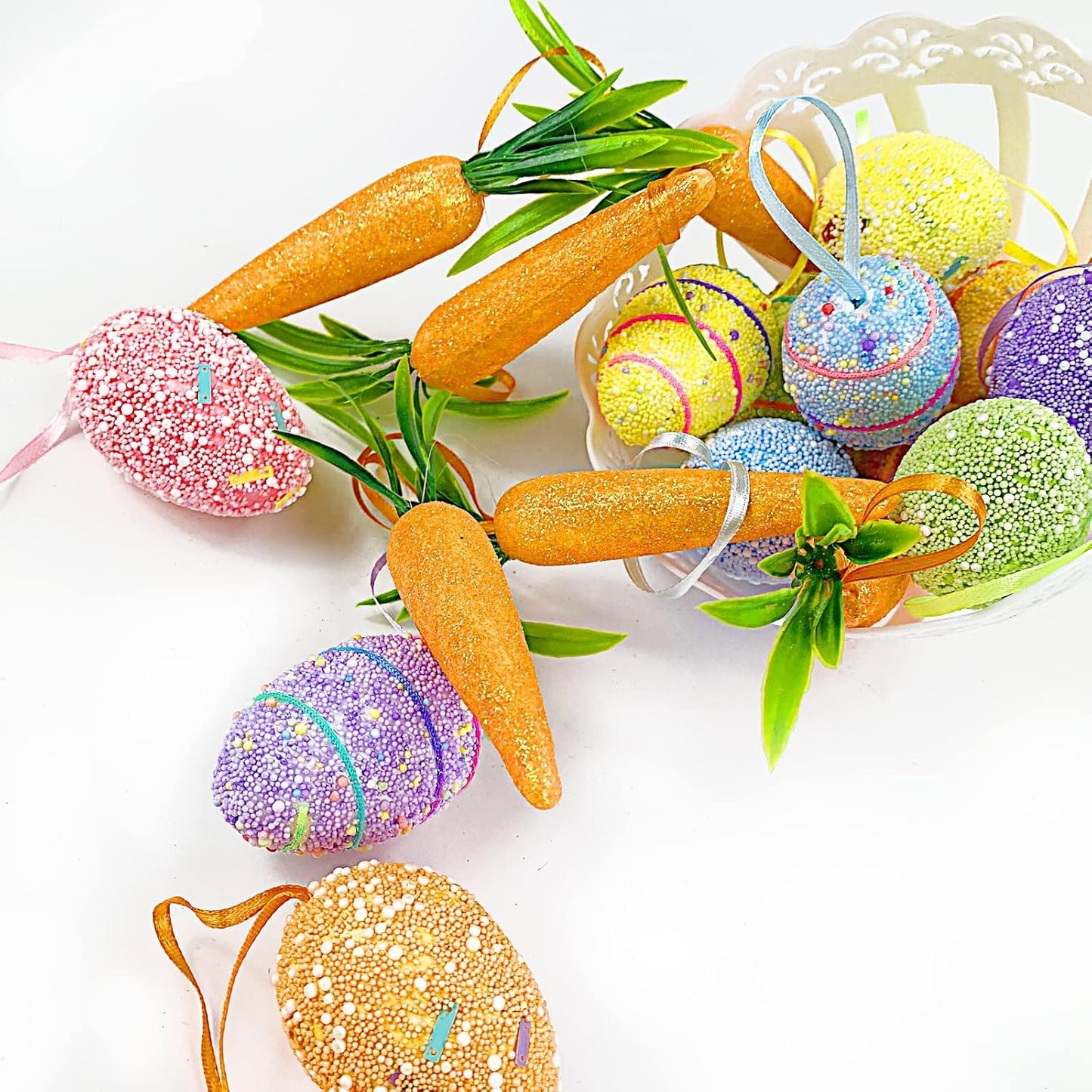 18PCS Easter Egg Ornaments and Carrot Hanging Ornaments Colorful Foam Hanging Egg Ornaments Foam Glitter Artificial Carrots Easter Tree Decorations Home Party DIY Crafts