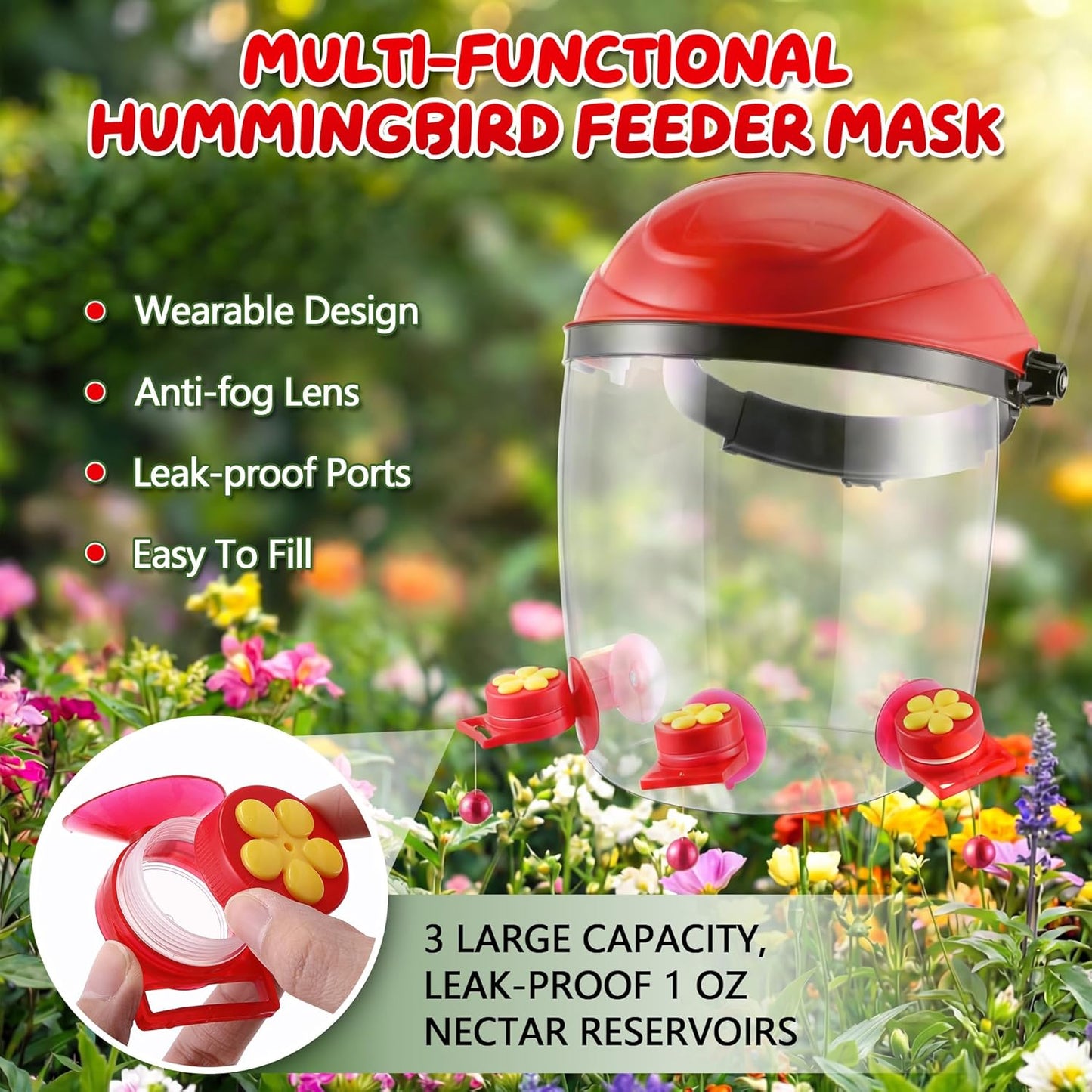 Saillong 2 Pack Upgraded Hummingbird Feeder Helmet, Wearable Hummingbird Mask Feeders Hat with 6 Feeding Ports & Round Nectar Box, Adjustable Bird Feeder Hat for Garden Patio Outside Outdoor Yard