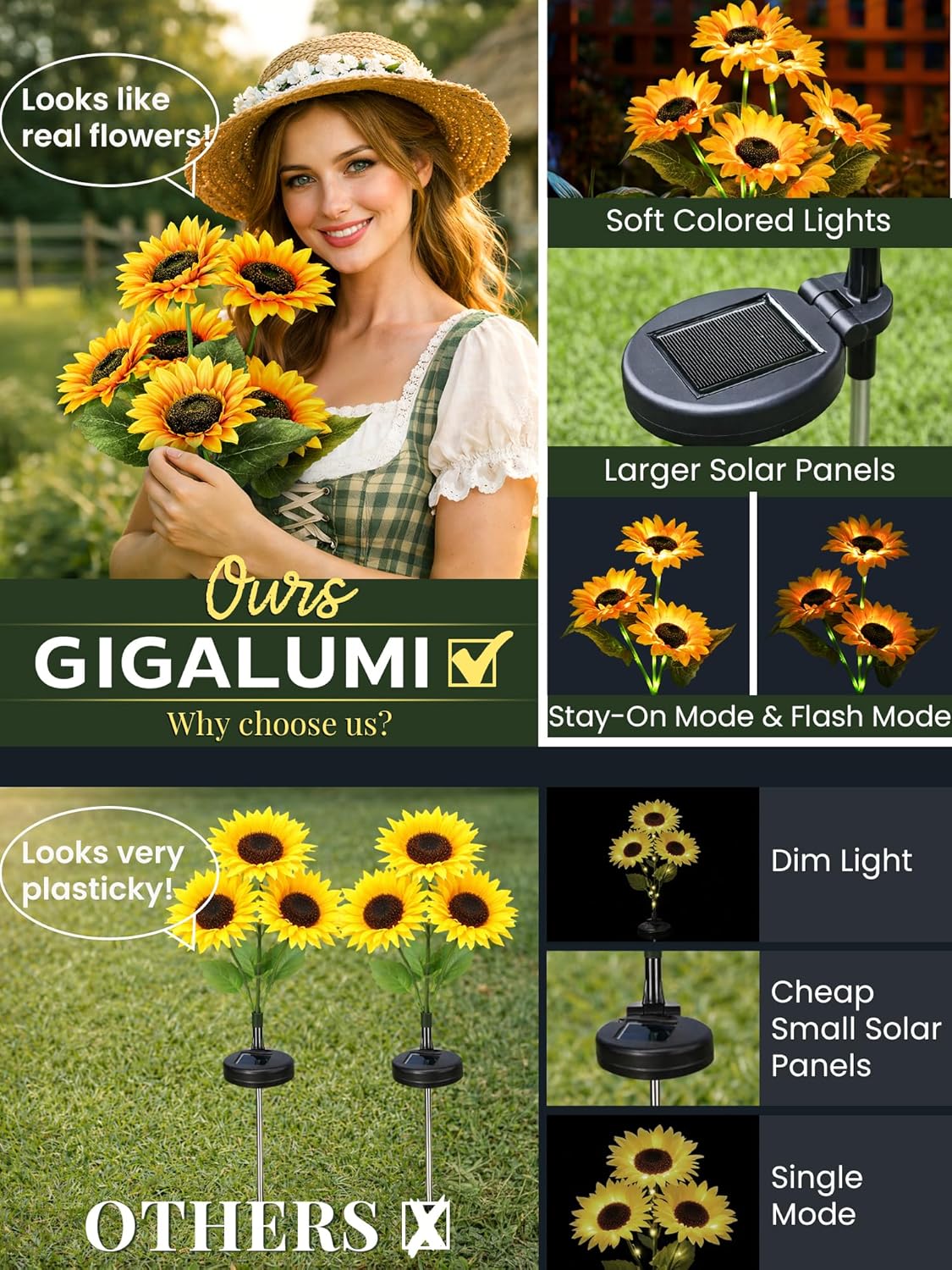 GIGALUMI Solar Garden Lights Artificial Flowers, LED Garden Decor Care