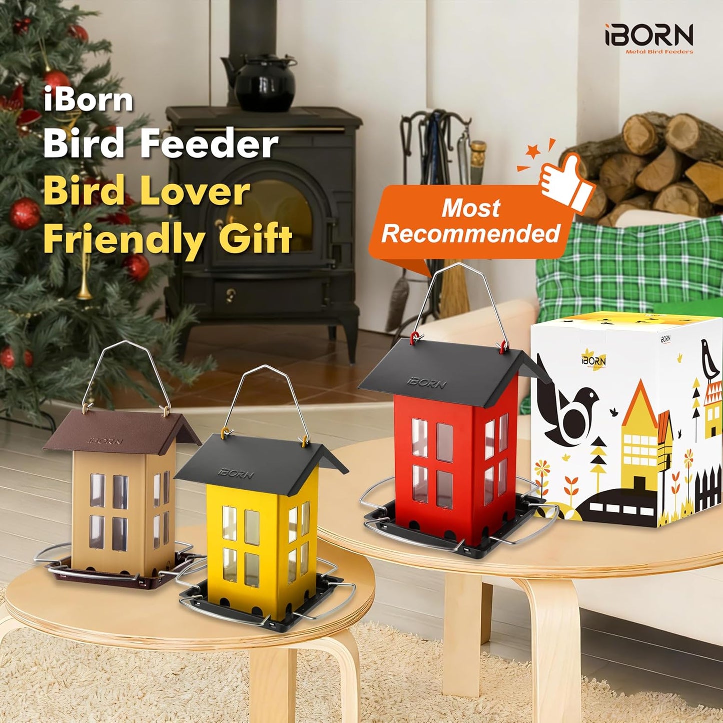 iBorn Bird Feeder House, Metal Bird Feeders for Outdoors Hanging,Double-Sided Metal Hanger & Weatherproof, Easy to Clean & Refill, 1.5 Lbs Capacity, Red