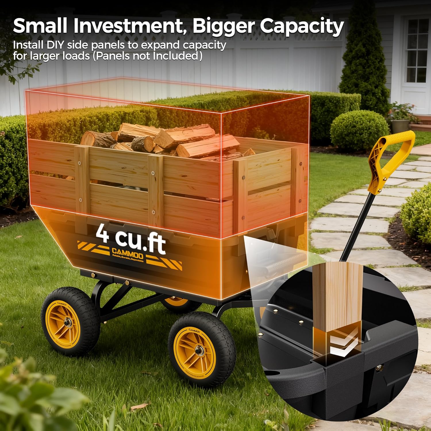 10in NO-FLAT TIRES 900lb Heavy-Duty Garden Dump Cart DIY Expandable Ca