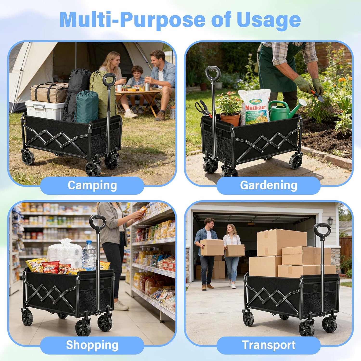 Collapsible Wagon Cart with Wheels，Lightweight Portable Folding Utilit
