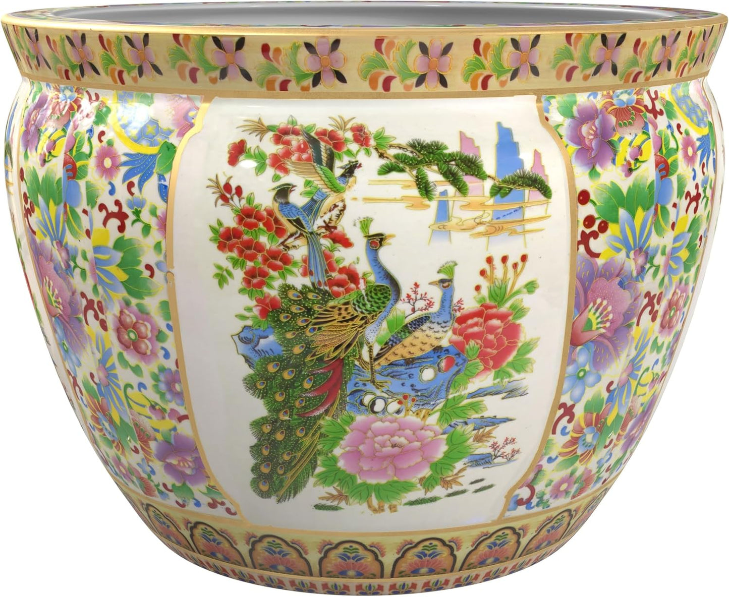 Red Lantern 16" Satsuma Birds & Flowers Porcelain Fishbowl