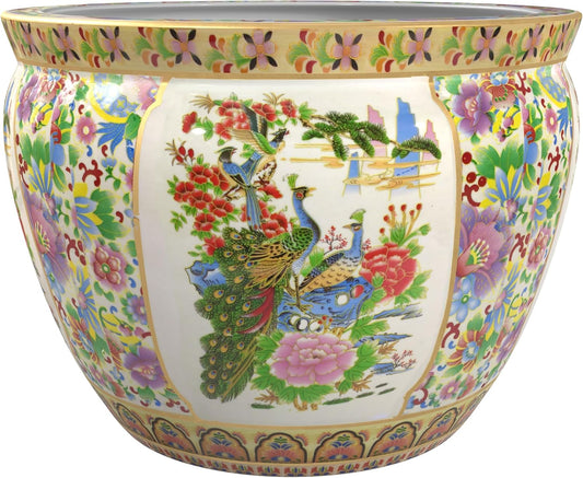 Red Lantern 16" Satsuma Birds & Flowers Porcelain Fishbowl