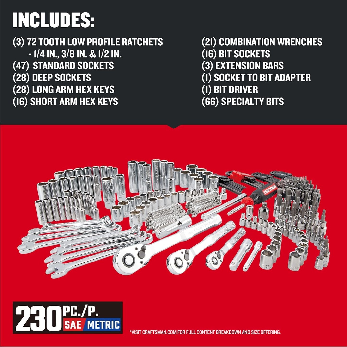 CRAFTSMAN 230 Pcs Mechanics Tool Set, Socket Wrench Set, Car Tool Kit 