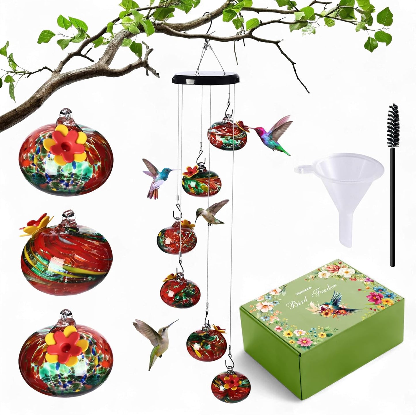Glass Hummingbird Feeder with Wind Chimes, Hanging Outdoor Bird Feeder