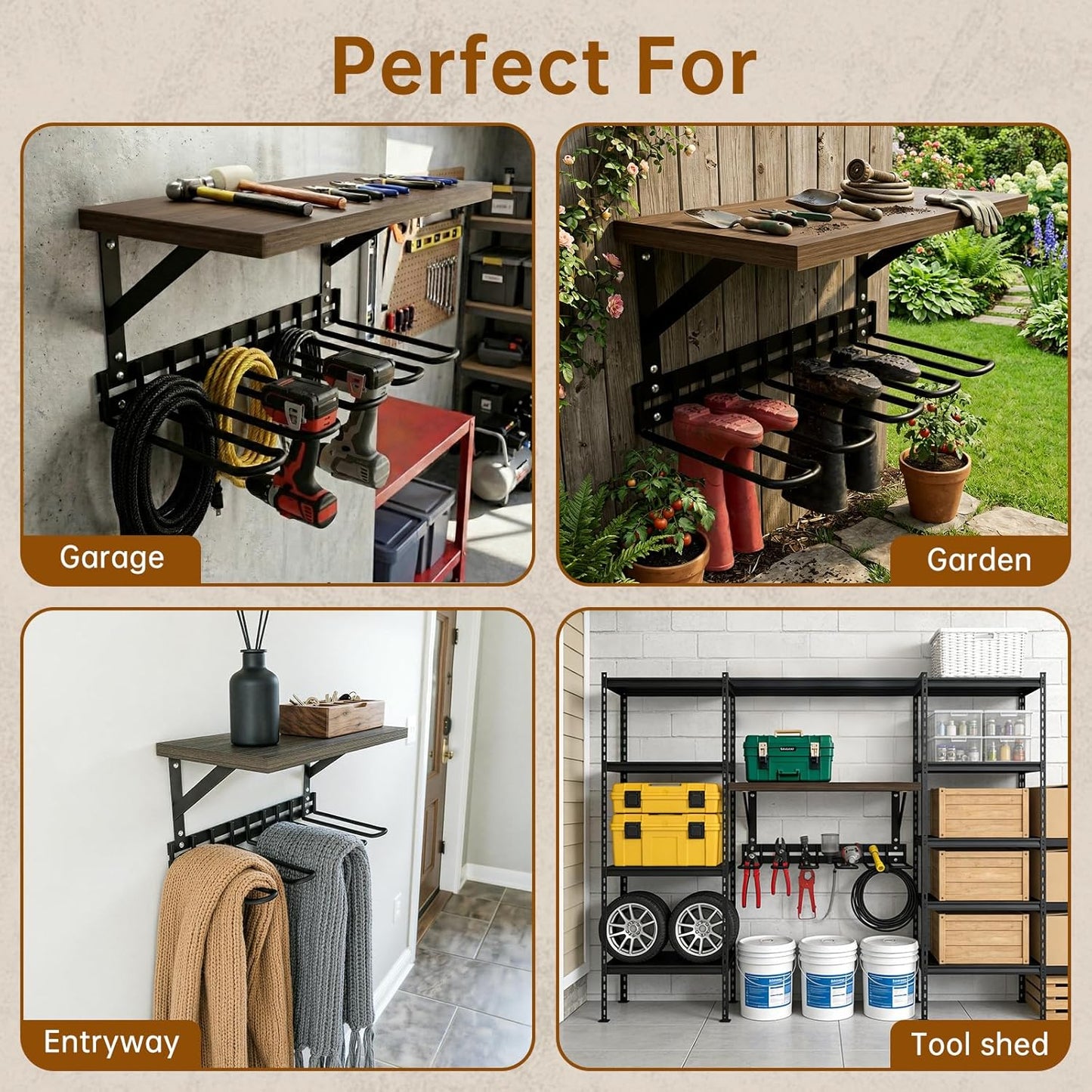 Decoroca Garden Tool Organizer With Shelf, Wall Mount Garage Tool&Boot Rack With 5 Curved hooks, Heavy Duty Wader Boot Hangers Storage Rack for Outdoor/Indoor,Garden,Garage