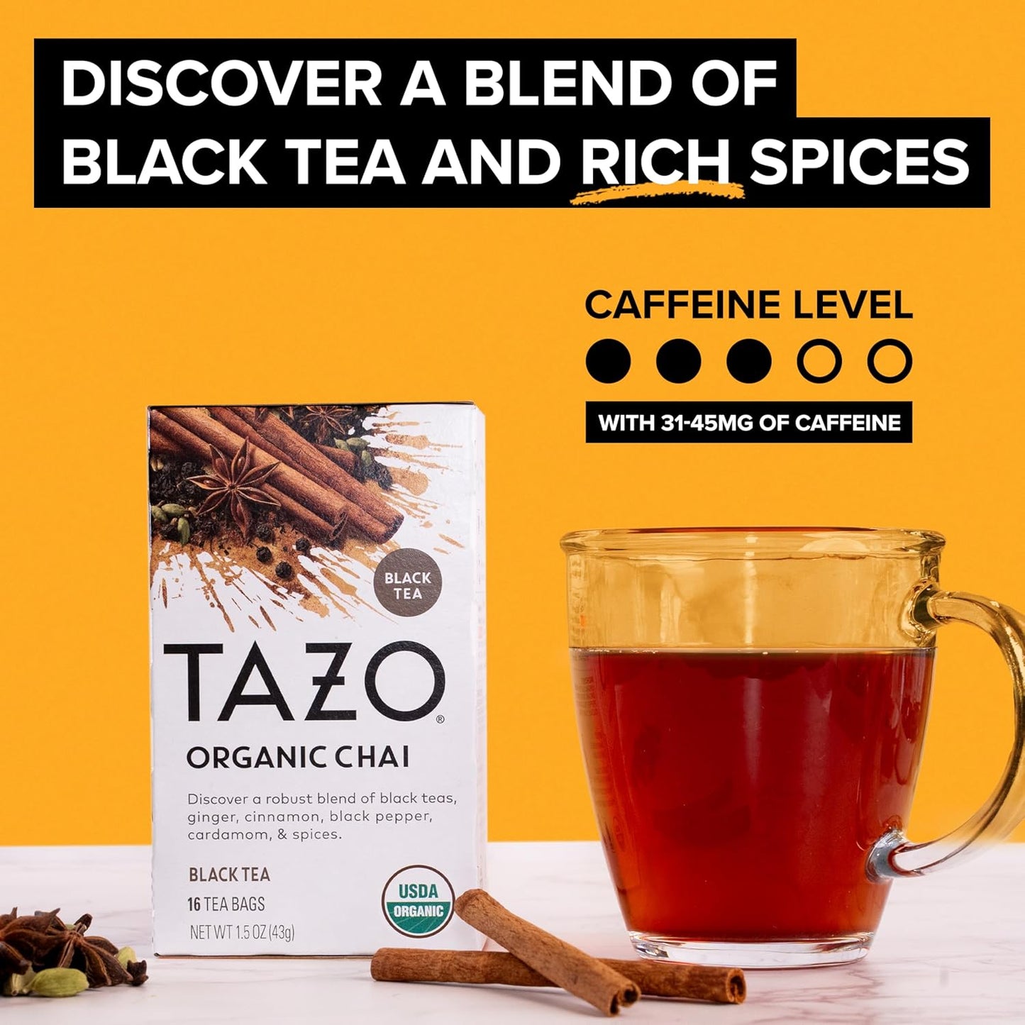 TAZO Organic Chai Black Tea Bags, Caffeinated tea, 16 Total Bags