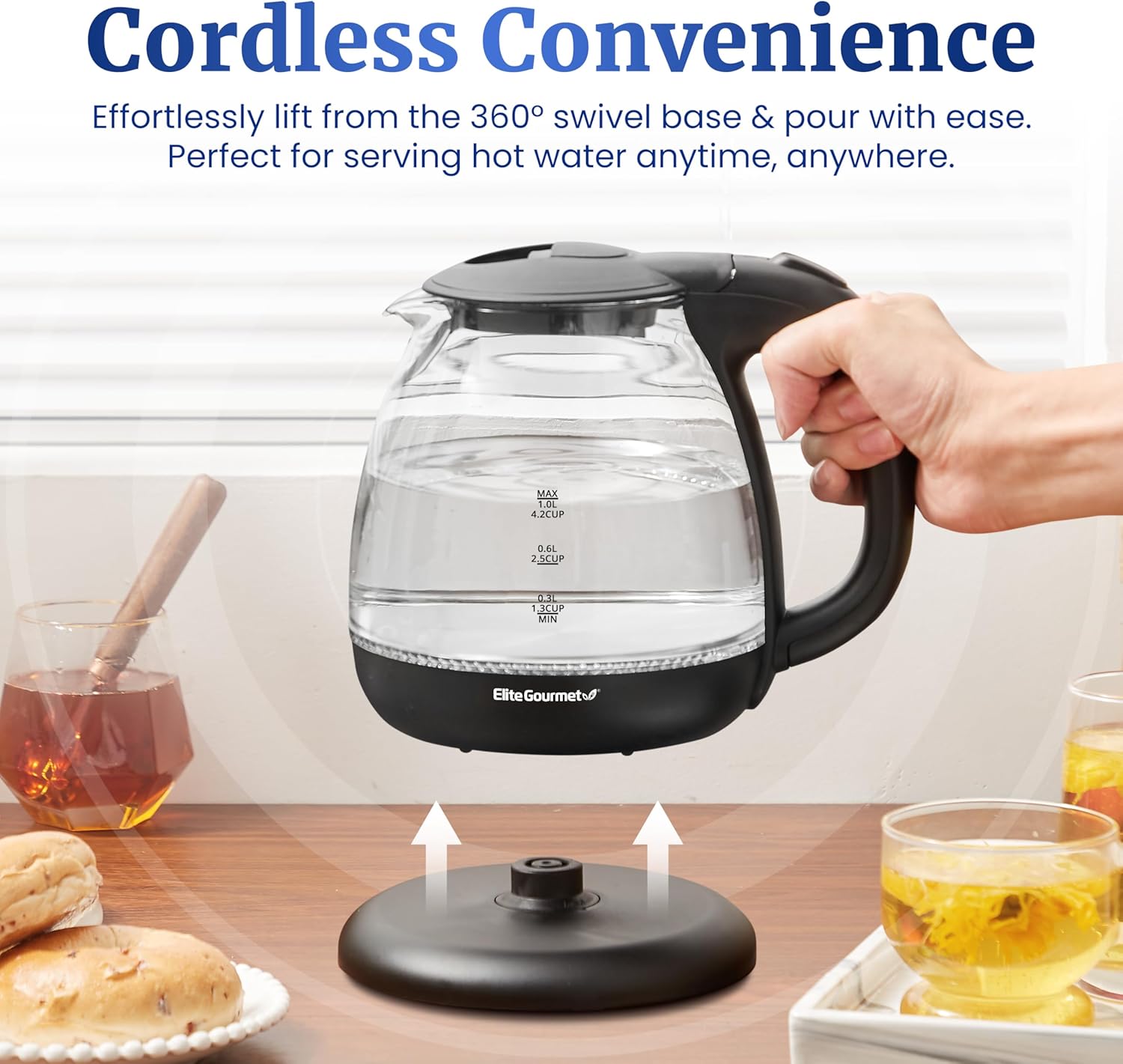 Elite Gourmet EKT1001 Electric 1.0L BPA-Free 1100W Glass Kettle Cordle