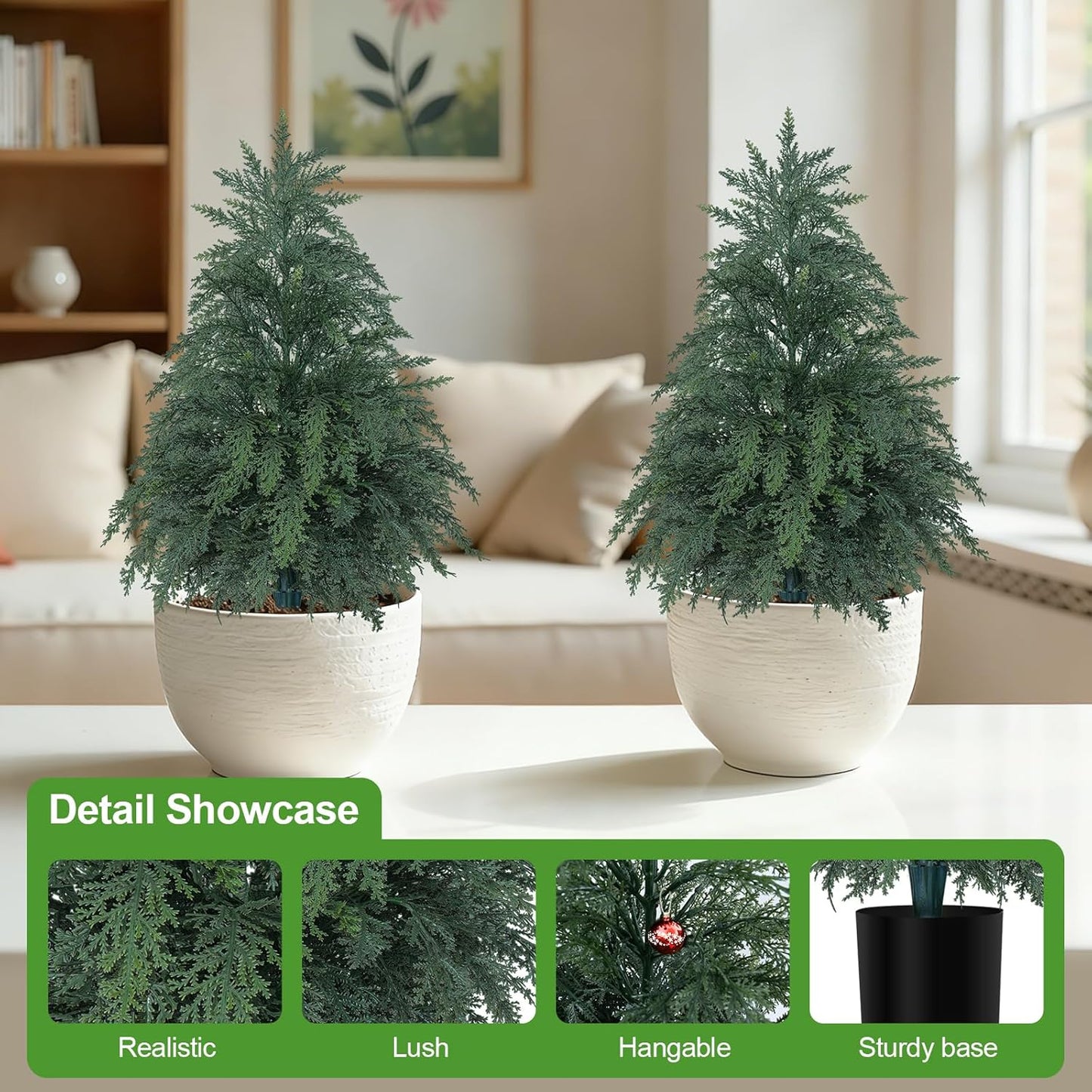 2Pack Artificial Topiary Trees, 2FT Faux Cypress, Faux Evergreen Pine Shrubs Plants with Pot, Potted Plants for Front Porch Indoor Outdoor Garden Christmas Decor