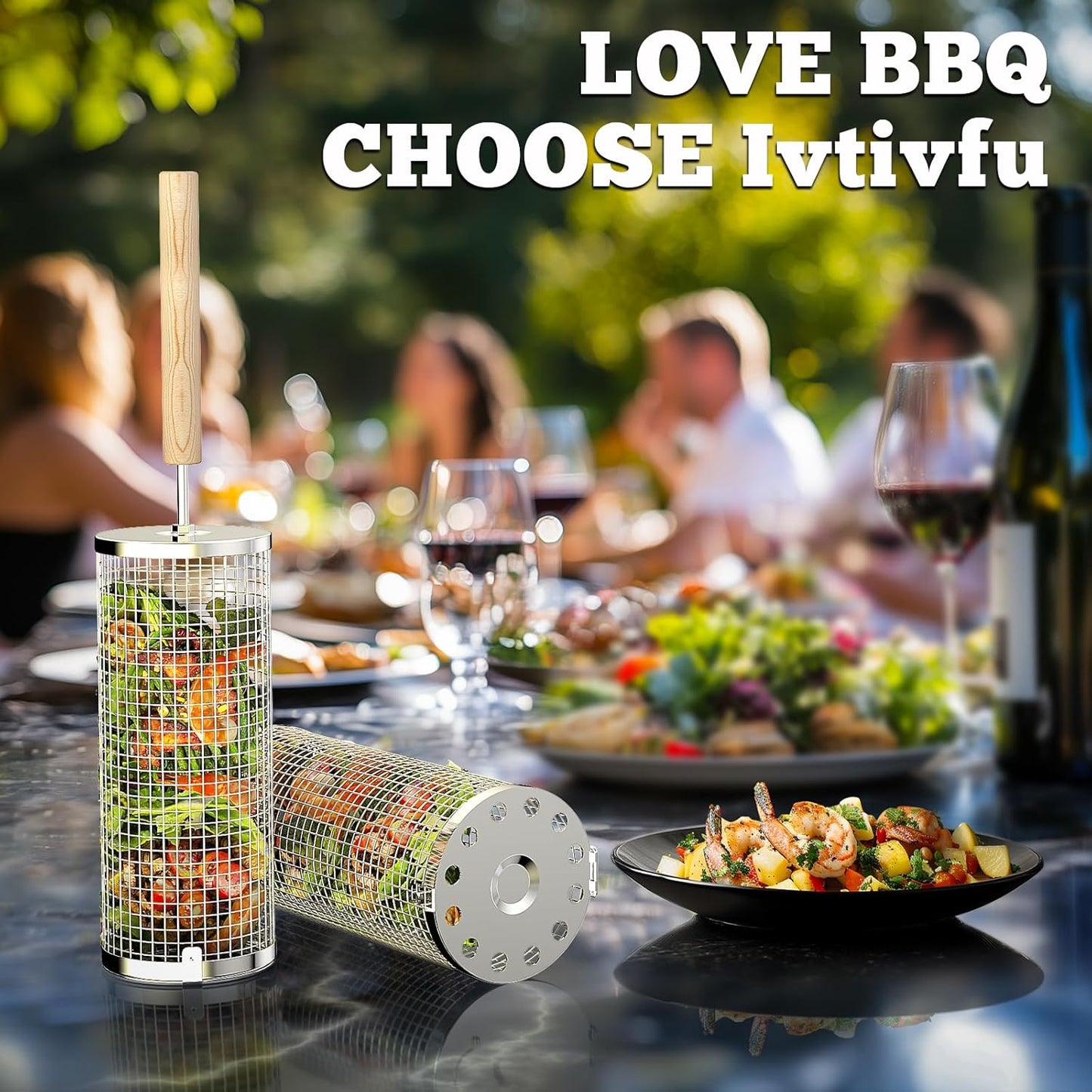 Rolling Grill Basket, Removable Wooden Handle, 304 Stainless Steel, Ne
