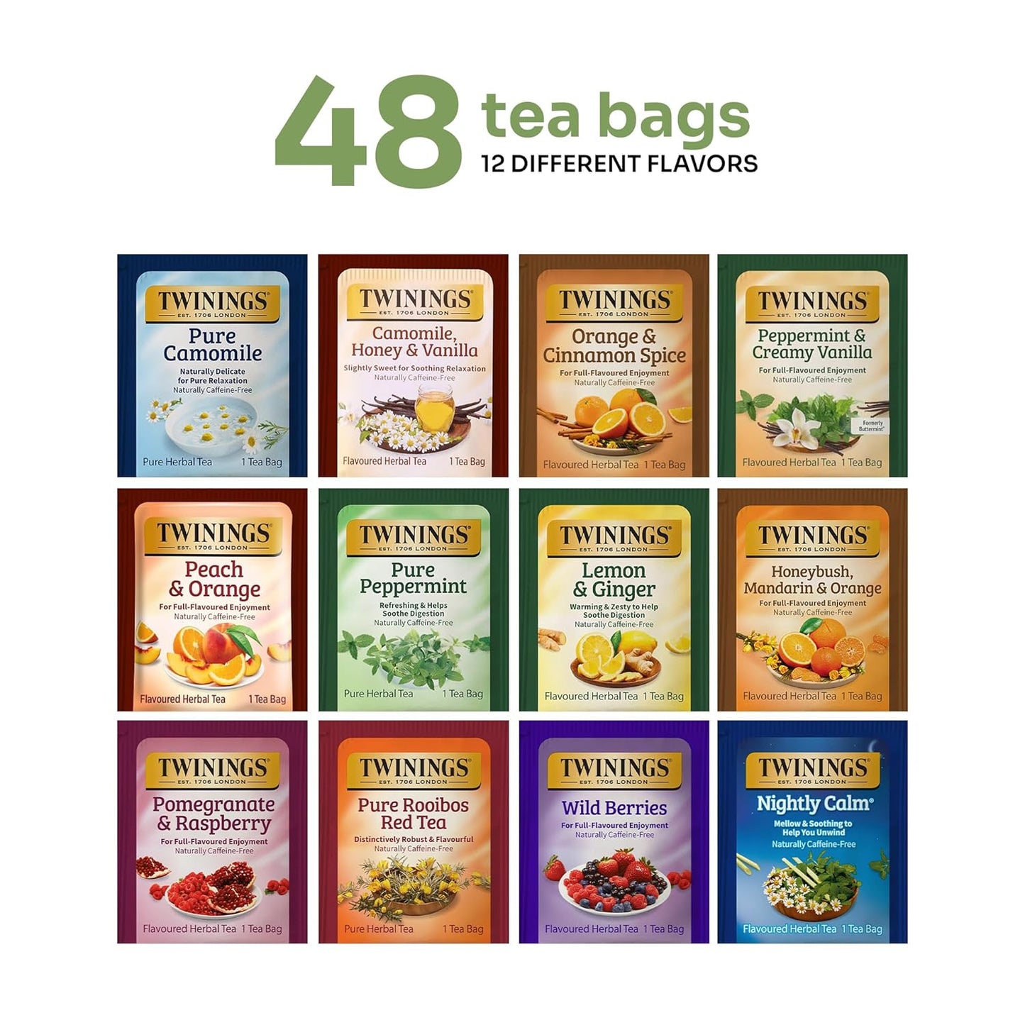 Twinings 48 Tea Bags Herbal Variety Pack – 12 Herbal Flavors, Caffeine-Free, Individually Wrapped, Perfect Tea for Any Occasion