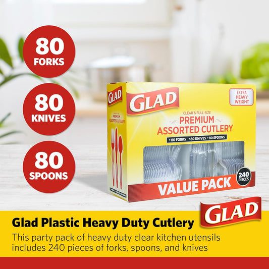 Glad Clear Disposable Cutlery Set with Heavy Duty Plastic Forks, Knives, and Spoons, Reusable Dishwasher Safe Plastic Utensils for Parties and Everyday Use, 240 Count