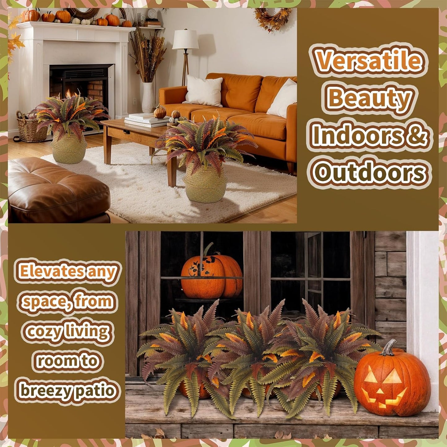 2 Pack 44'' Artificial Boston Fern Fall Porch Decor Hanging Plants Natural Indoor Outdoor Large Fake Ferns for Home, Garden, Thanksgiving, Autumn Decor