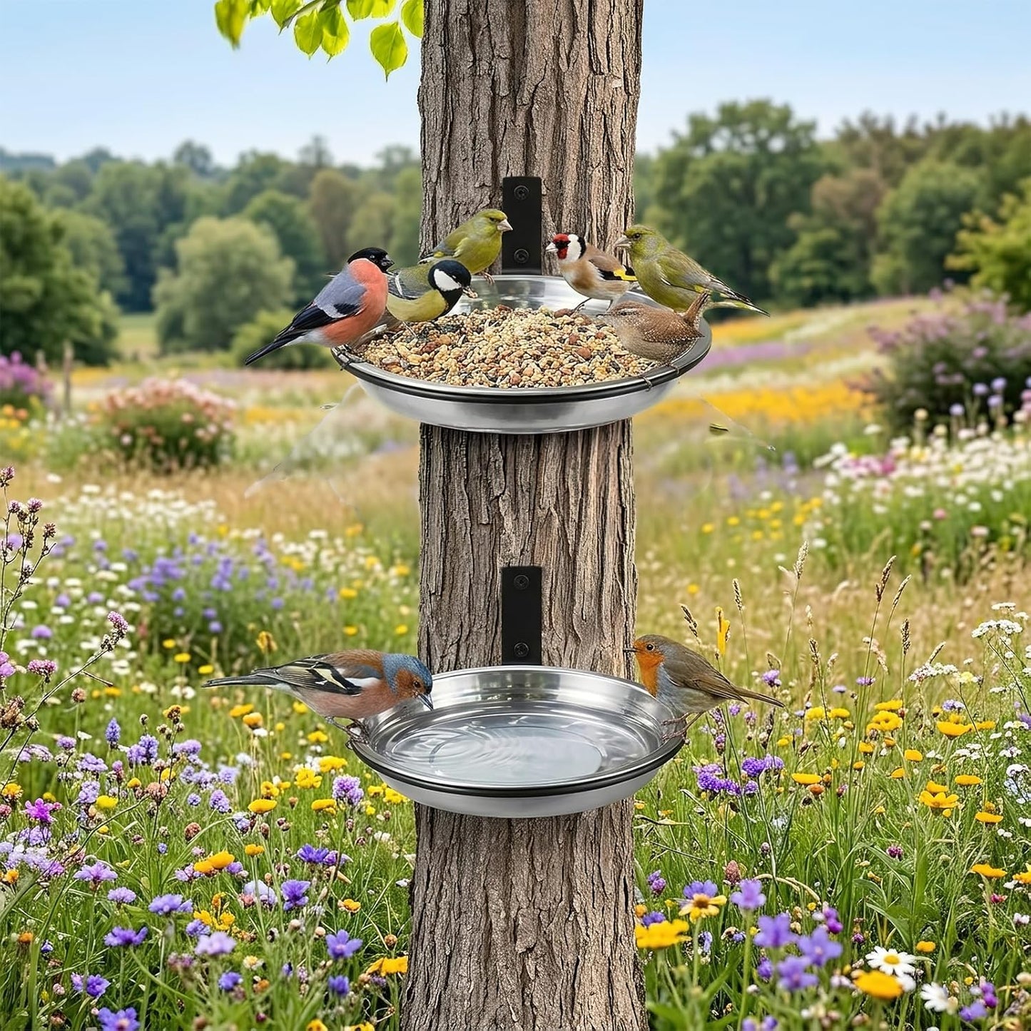 2 Pack Bird Feeder Tree Mount, 8.6 Inch Stainless Steel Fence Crow feeders for Outside with Metal Holder, Wild Bird Bath Tray for Outdoor Garden
