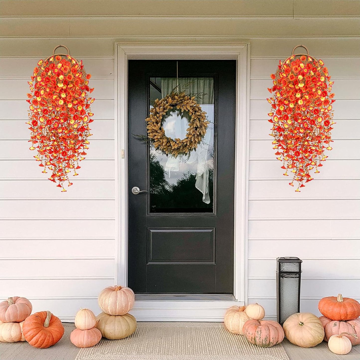Artificial Fall Hanging Flowers for Decoration, 2pcs Long Vine Fake Flowers Plants Morning Glory, Realistic Faux Petunias for Planter Patio Porch Garden Autumn Outdoors Dec, Orange Sunset