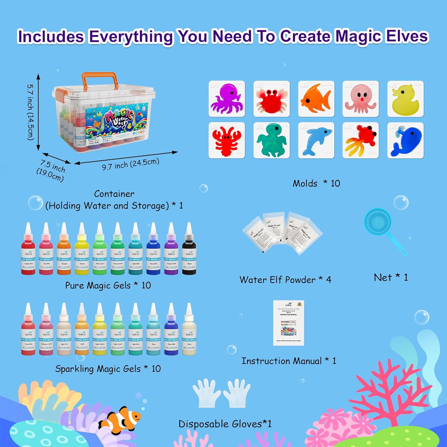 Kiditos Magic Water Elf Toy Kit – Squishies for Kids, 20 Gels & 10 Mol