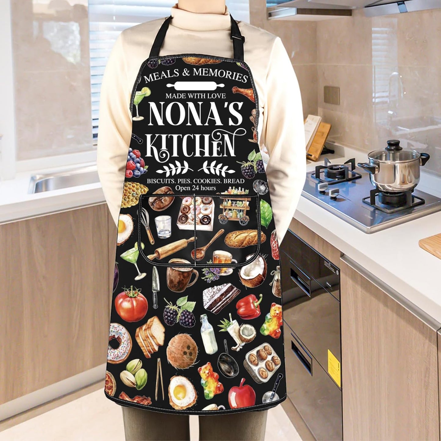 WCGXKO Nona’s Kitchen Apron Grandmother Birthday Gift Best Nona Ever Merch Mother’s Day Gift for Grandma