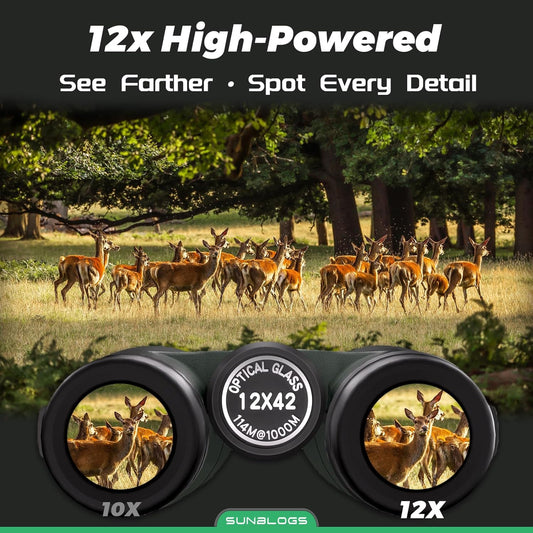 Binoculars for Adults High Powered, 12x42 HD Super Bright BAK4 Prism Waterproof Binoculars with Low Light Vision for Bird Watching Hiking Hunting Outdoor Travel Road Trip Stargazing Cruise (Green)