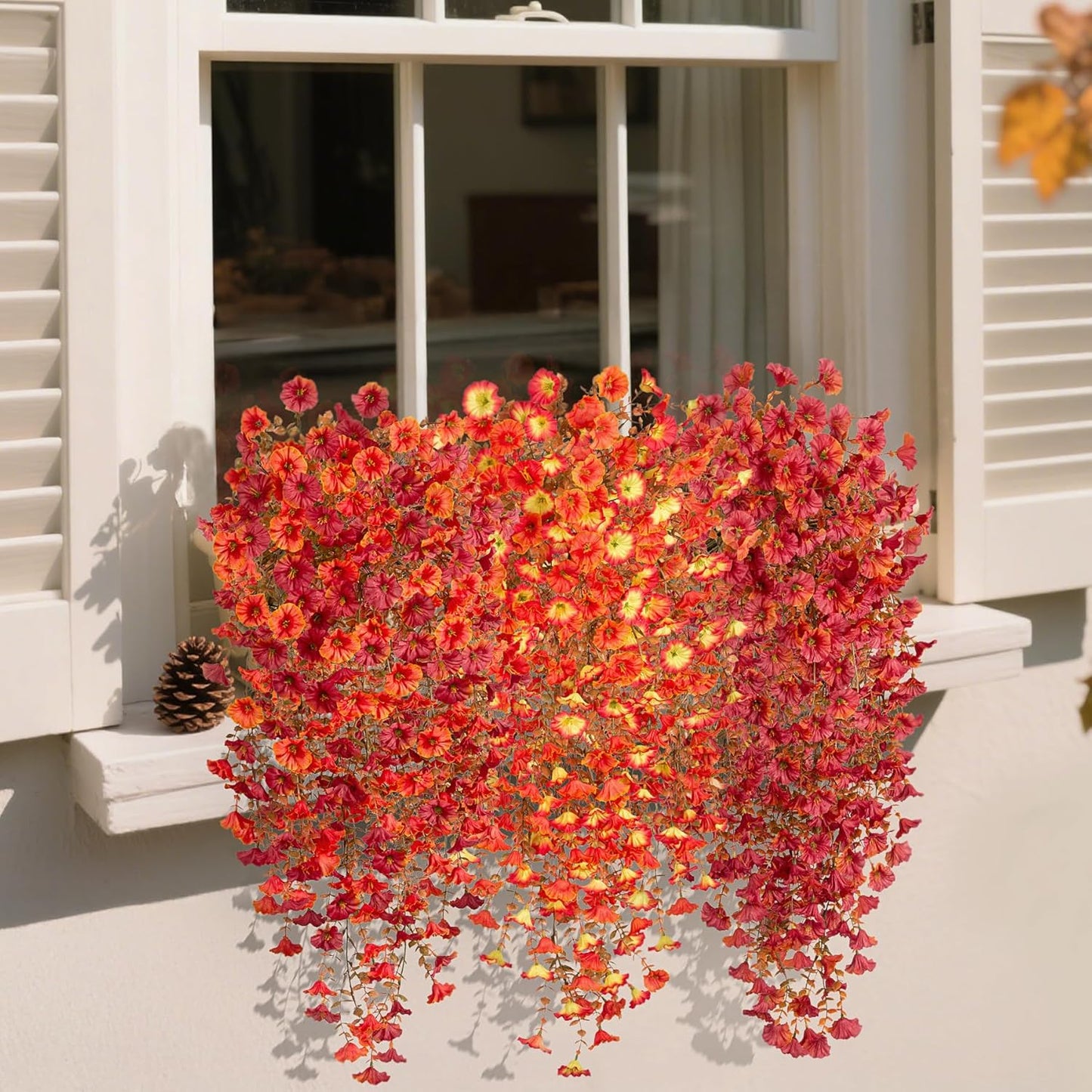 Artificial Fall Hanging Flowers for Decoration, 2pcs Long Vine Fake Flowers Plants Morning Glory, Realistic Faux Petunias for Planter Patio Porch Garden Autumn Outdoors Dec, Orange Sunset