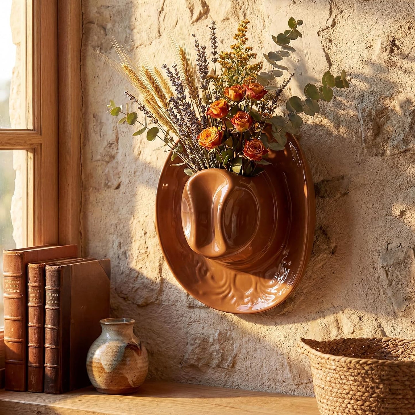 Ceramic Cowgirl Hat Vase Western Themed Hat Hanging Wall Indoor Planter Vase Flower Pot Cowboy Decoration Cowboy Party Table Centerpiece for Bathroom Living Room Office and Home Decor(Brown)
