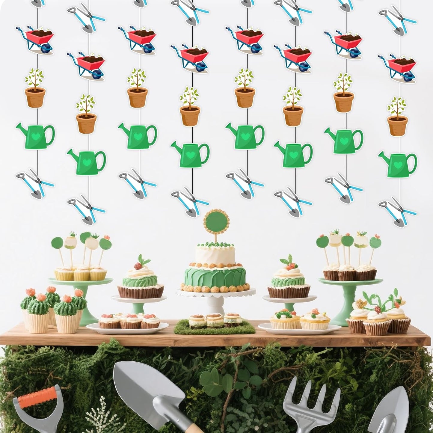 JOYMEMO 8 Pcs Garden Tools Themed Garland Streamers - Gardening Tool Birthday Decorations for Boys Girls Women Men, Hanging Ceiling Decor Party Supplies