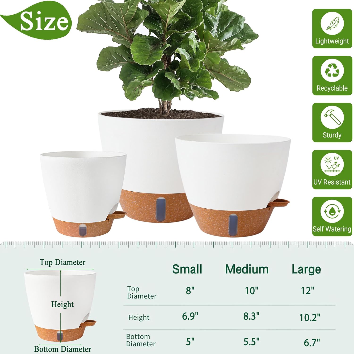 8/10/12 Inch Self Watering Pots for Indoor/Outdoor Plants - Large Plas