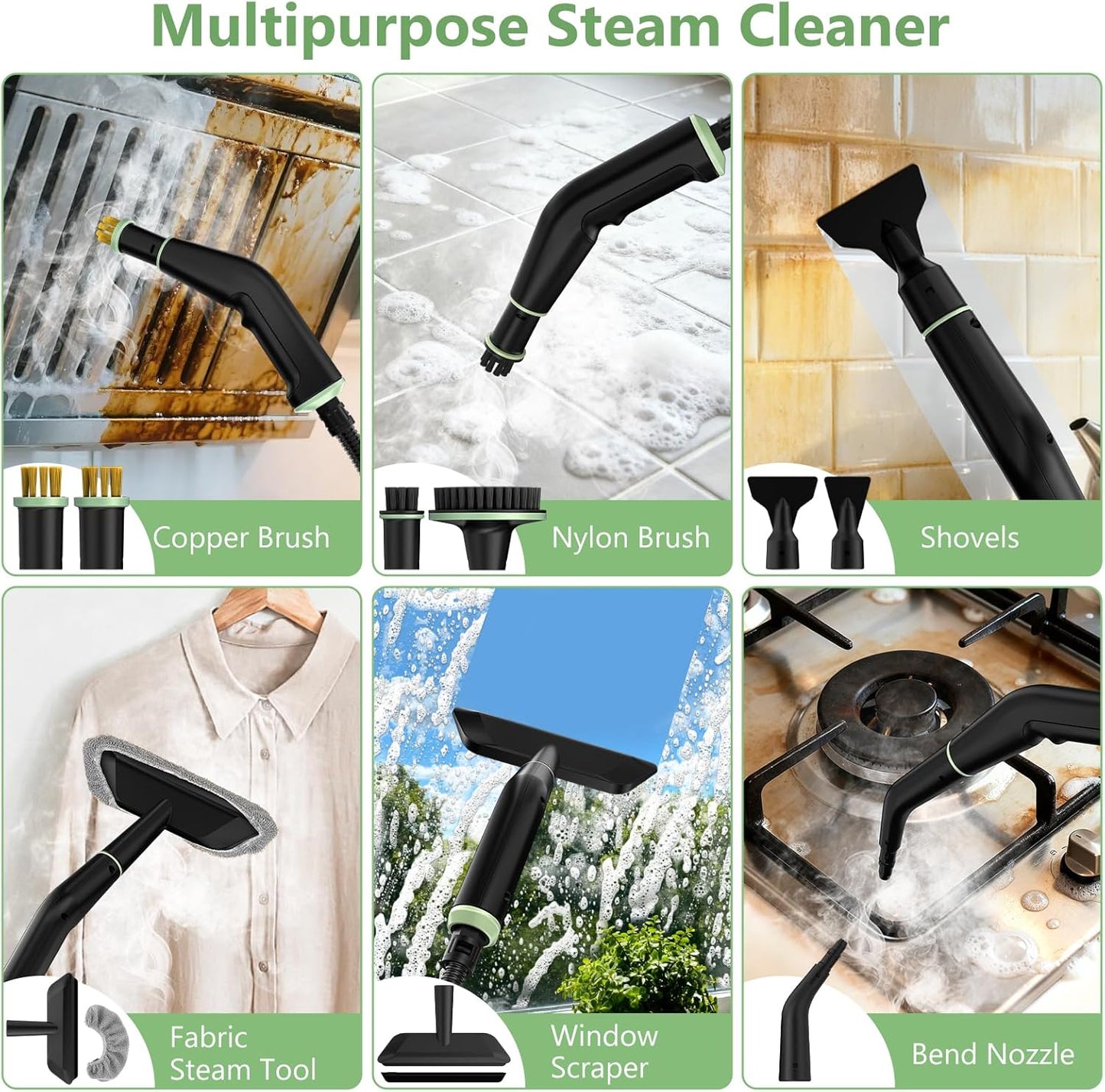Steam Cleaner, Portable Steamer for Cleaning with 16pcs Accessories, 6-Level Adjustable, 15s Heat-Up, Handheld Steam Cleaner for Home for Tile, Grease, Dirt, Grout, Car Detailing, Green