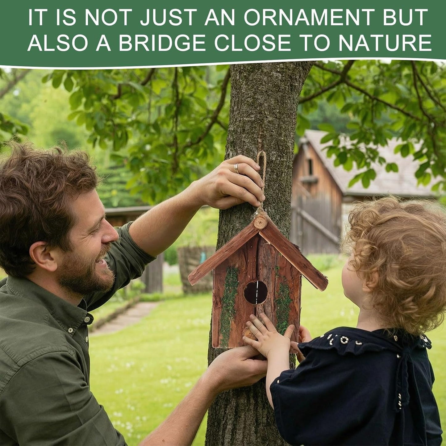 1 Pcs Birdhouses for Outside Wooden Bird House with Moss Accent Hanging Design Birdhouse Natural Bark Finish Warm and Waterproof Rustic Bluebird House Cardinal Wren Hummingbird Garden