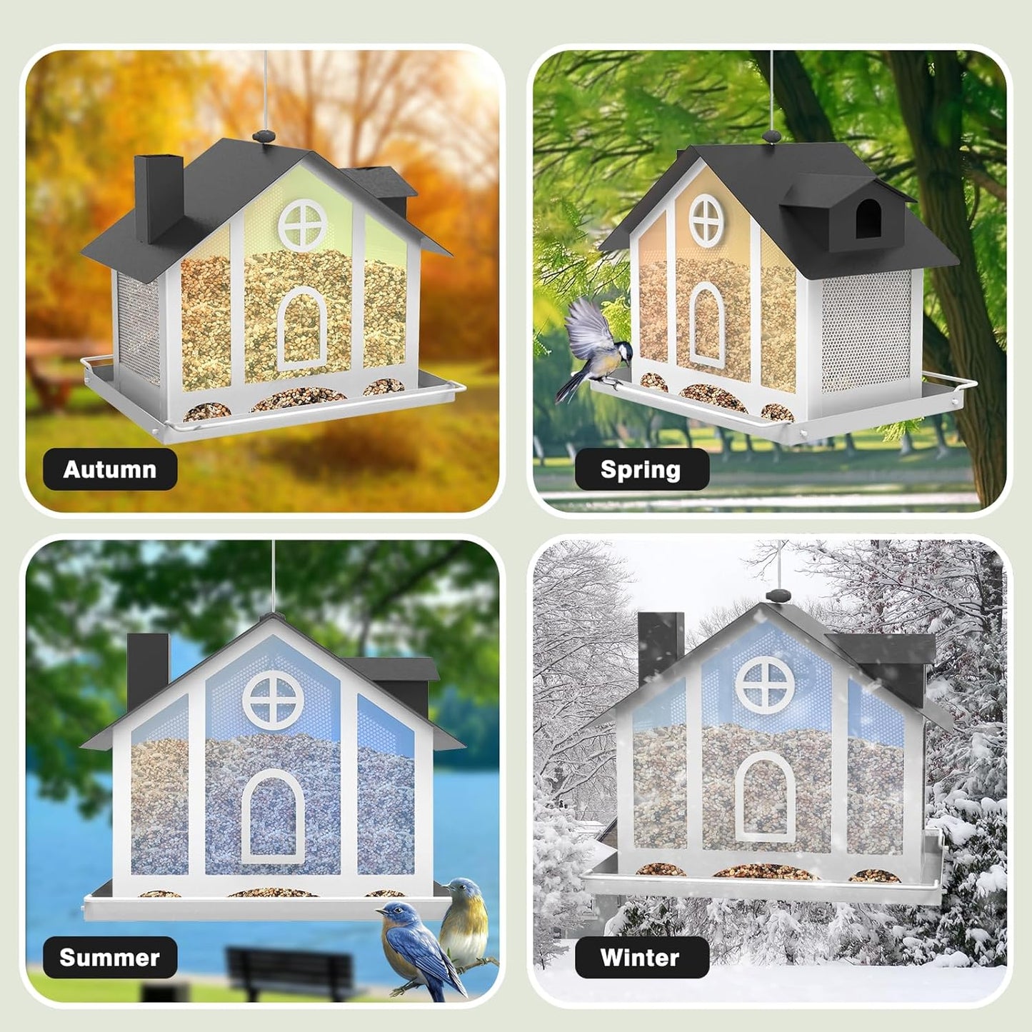 Bird Feeder House for Outside, Decorative Large Bird Feeders for Outdoors with Rainbow Acrylic Panels, Ideal Gift for BirdLovers to Attract Feathered Friends Year-Round