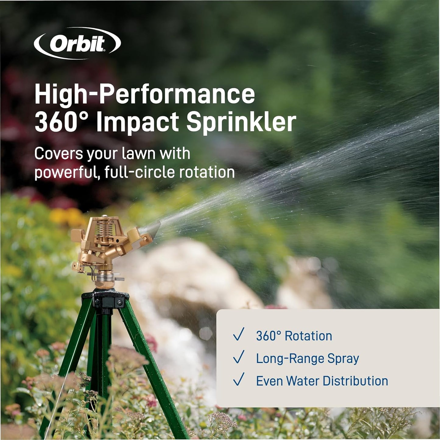 Orbit 56667Z Tripod Lawn Zinc Impact Sprinkler - 360 Degree Rotating S