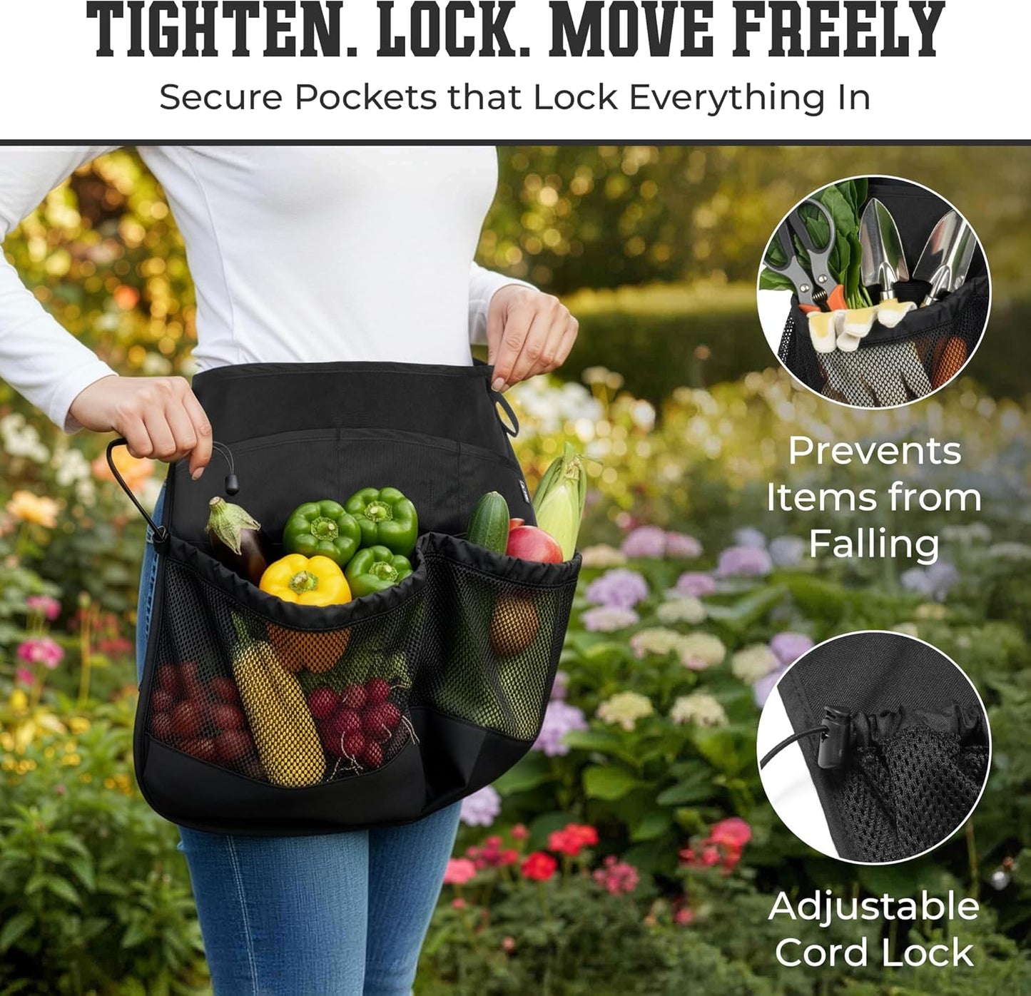 Waterproof Gardening Apron with Mesh Pouch Pockets for Tools, Fruit, V