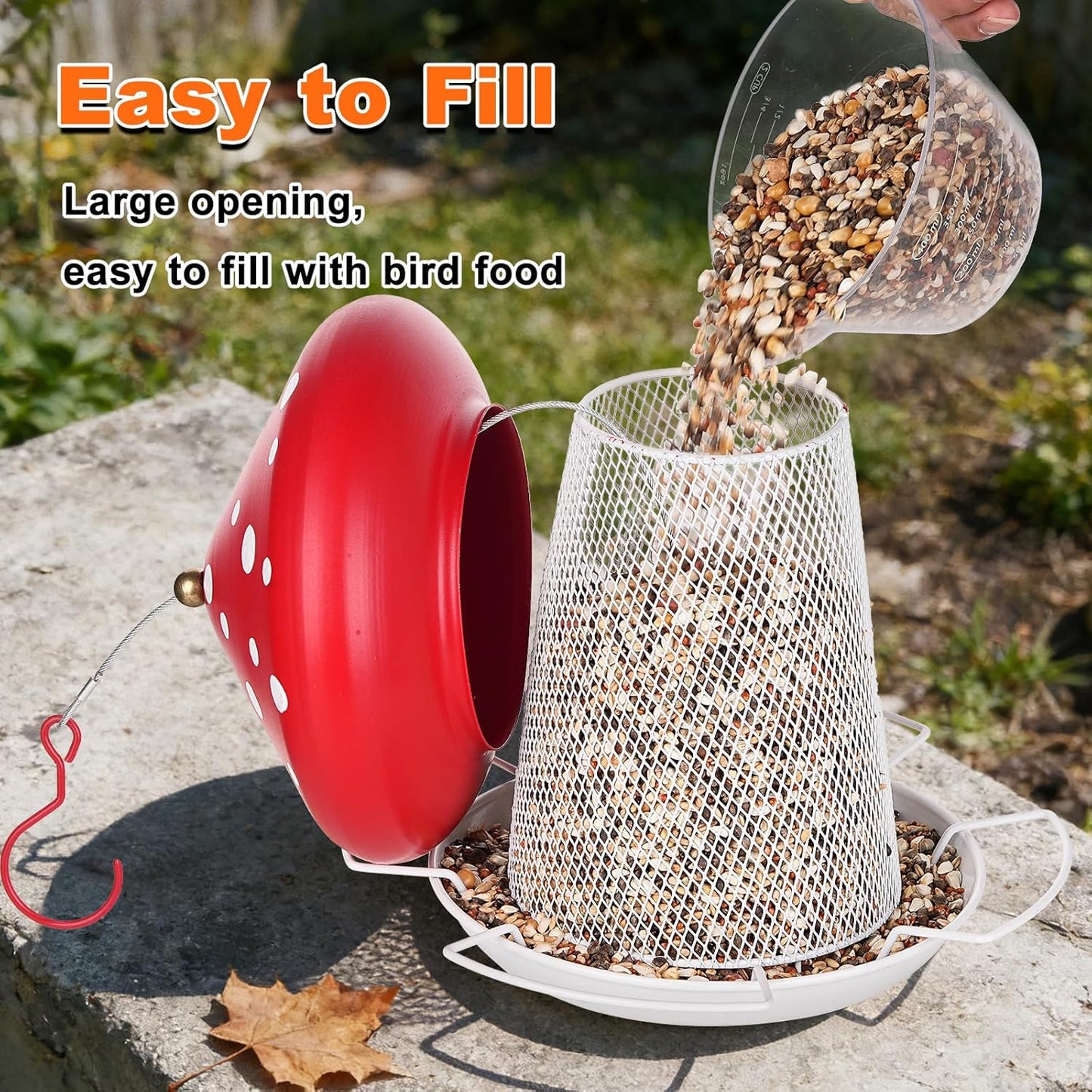 Bird Feeder, Heavy Duty Metal Bird Feeders for Outdoor Hanging, Cute Mushroom Shape 3.5 LB Large Capacity Wild Birdfeeder for Outside Garden Yard (Red)