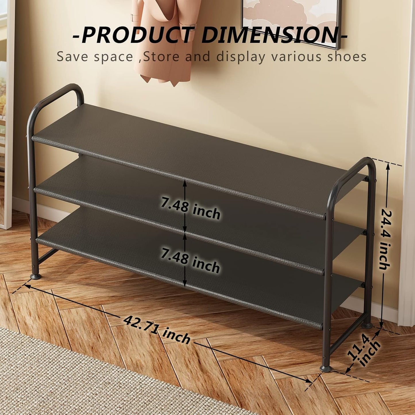 Shoe Rack 3 Tier Long Storage Organizer Wide Metal Shoe Shelf for Closet Entryway Black