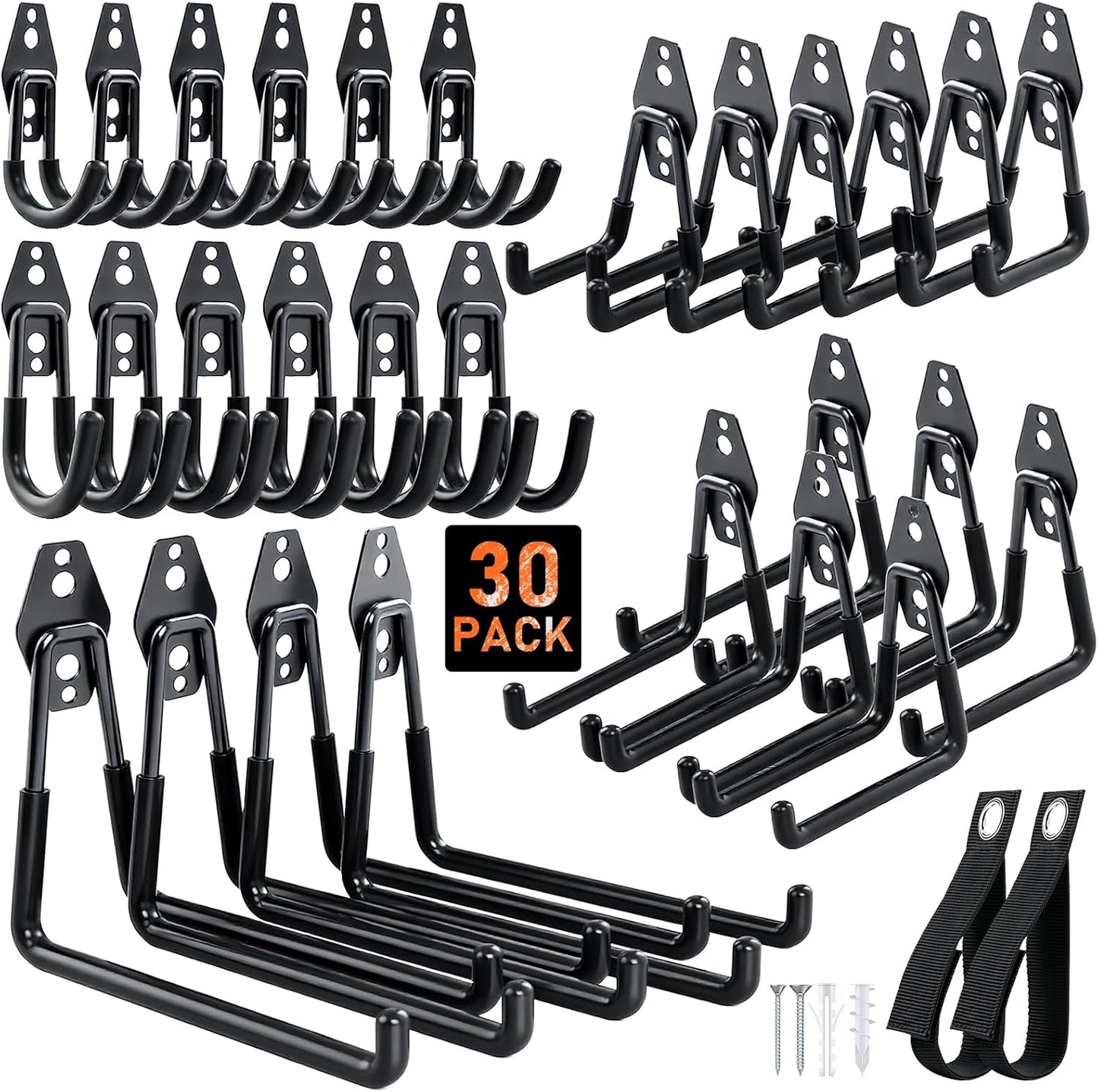 Housolution Steel Garage Hooks - 30Pack Anti-Slip Coating, Heavy Duty Wall Mount Hooks for Bikes, Garden Tools, Ladders, Hose, Bulk Items Ropes, Garage Tool Organizer with Extension Cord Wrap, Black