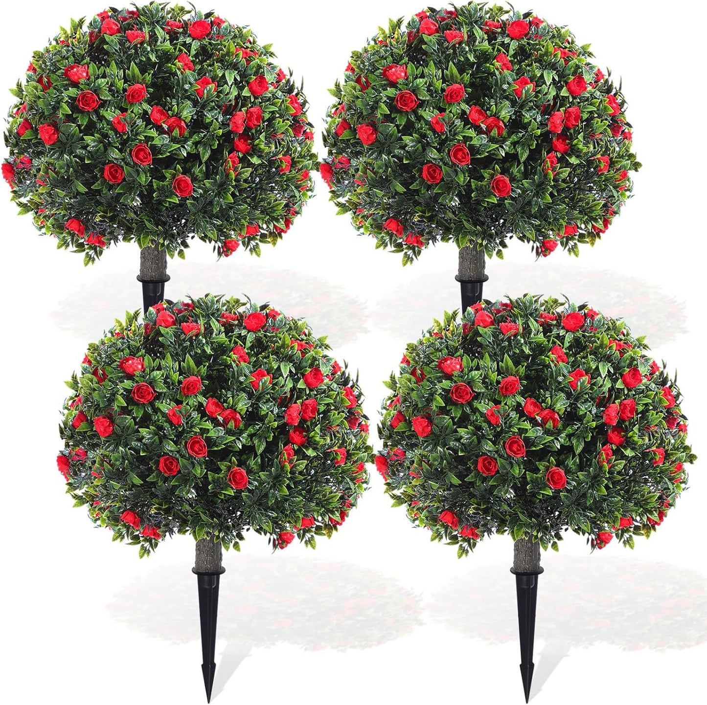 Yunlly 4 Pack Artificial Boxwood Topiary Ball Tree with Faux Rose Bush 18 Inch Outdoor Faux Topiary Shrub with Ground Spike, UV Resistance Fake Plant for Garden Porch Patio Indoor (Red)