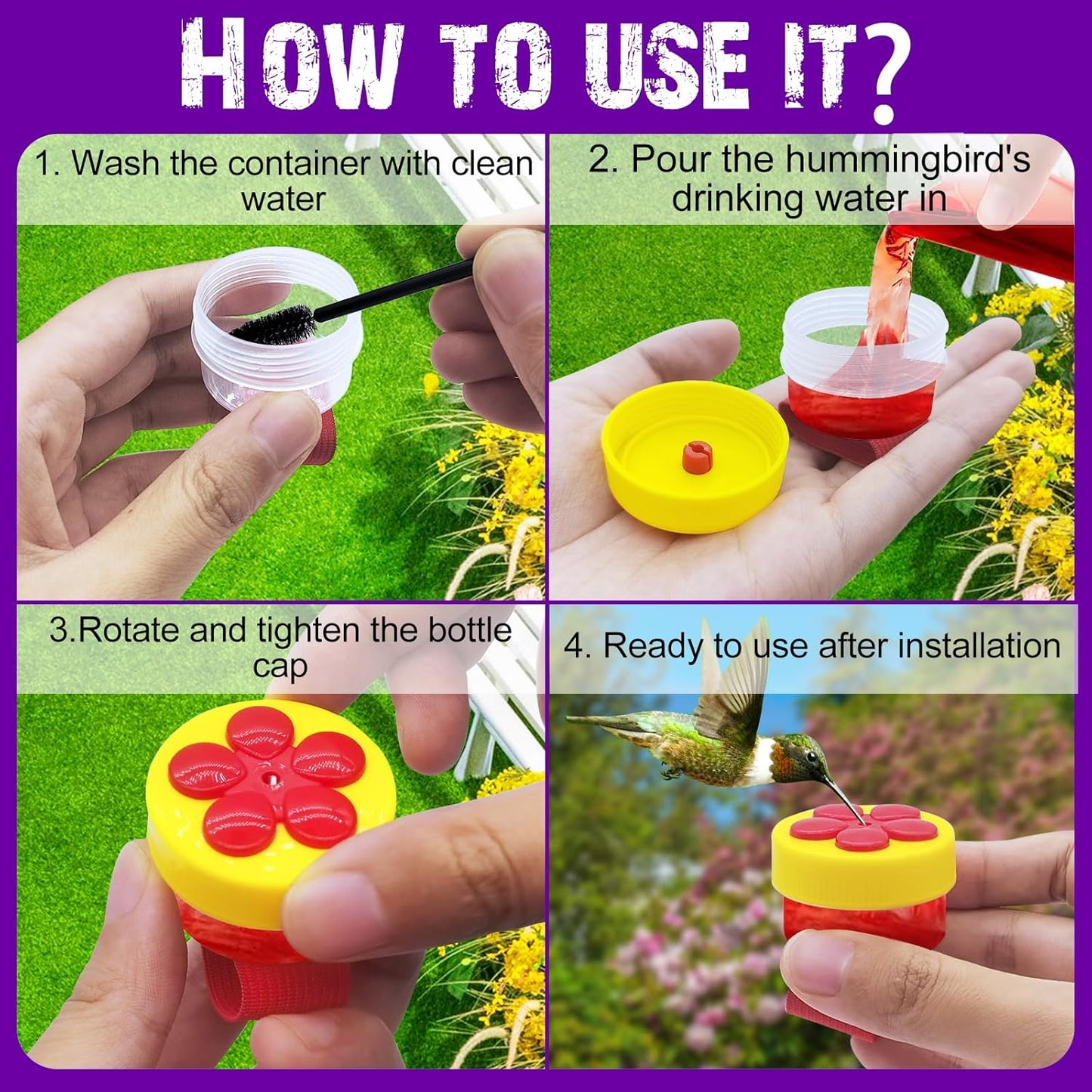 4 PCS Hummingbird Ring Feeder, Hand Hold Hummingbird Feeder with 2 Cleaning Brush and Stretchy Finger Ring Strap Mini Hand Feeding Tools for Outdoors (2 Red+2 Yellow)