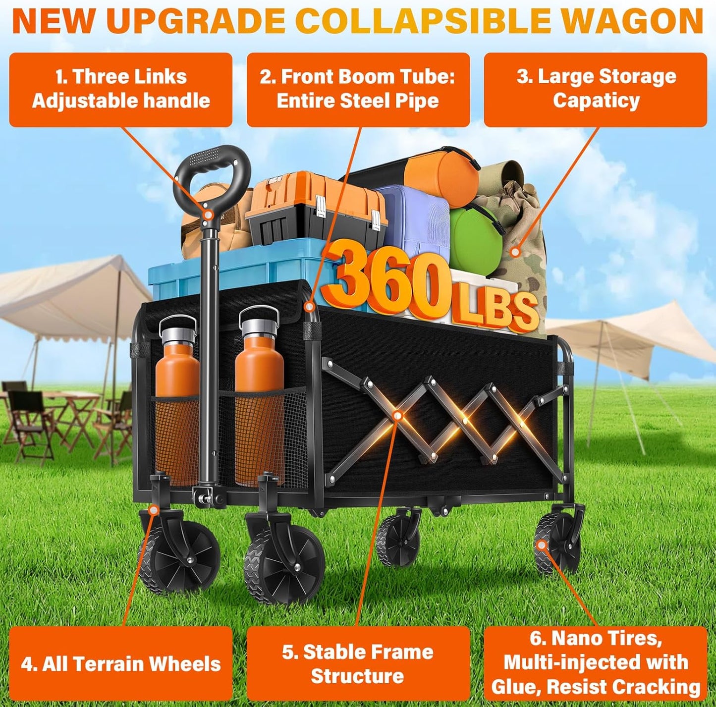 Wagons Carts Foldable, Collapsible Wagon with 360lbs Weight Capacity, Heavy Duty Folding Utility Garden Cart with All-Terrain & Drink Holders for Grocery, Camping, Sports, Shopping and Garden