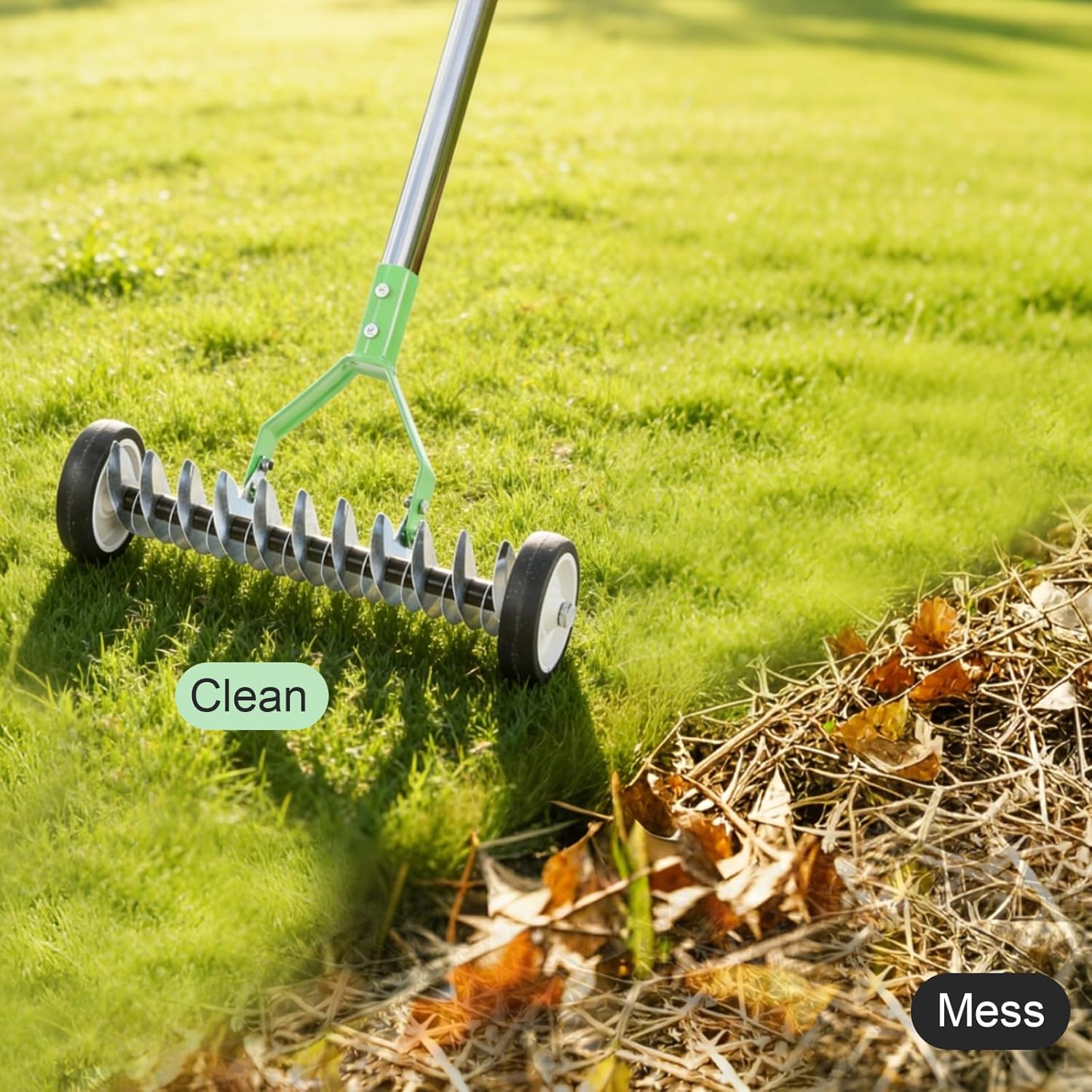 Adjustable Lawn Thatch Rake with Wheels - Comes with Protective Garden
