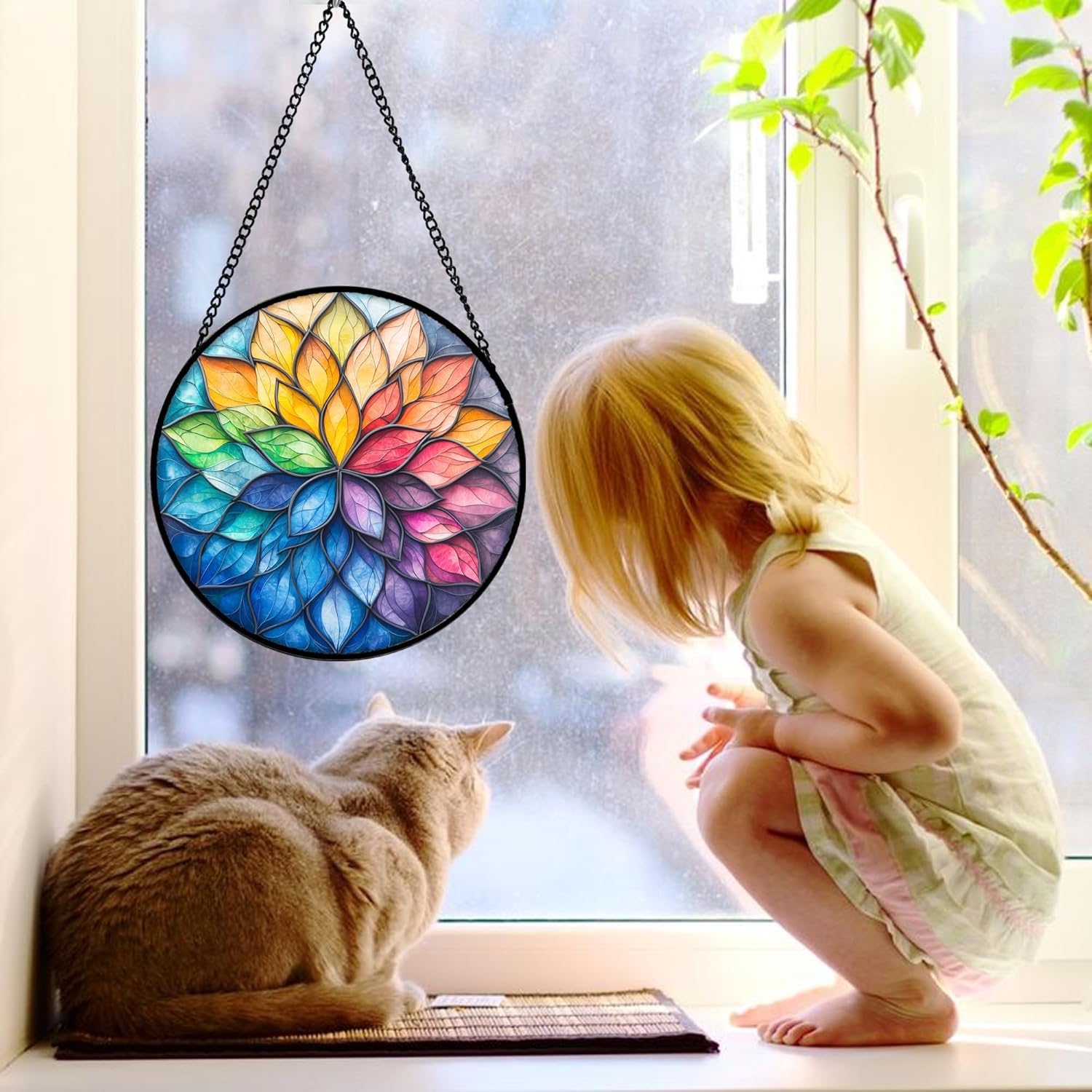 Stained Glass Window Hanging, Colorful Flower Petals Sun Catchers Diam