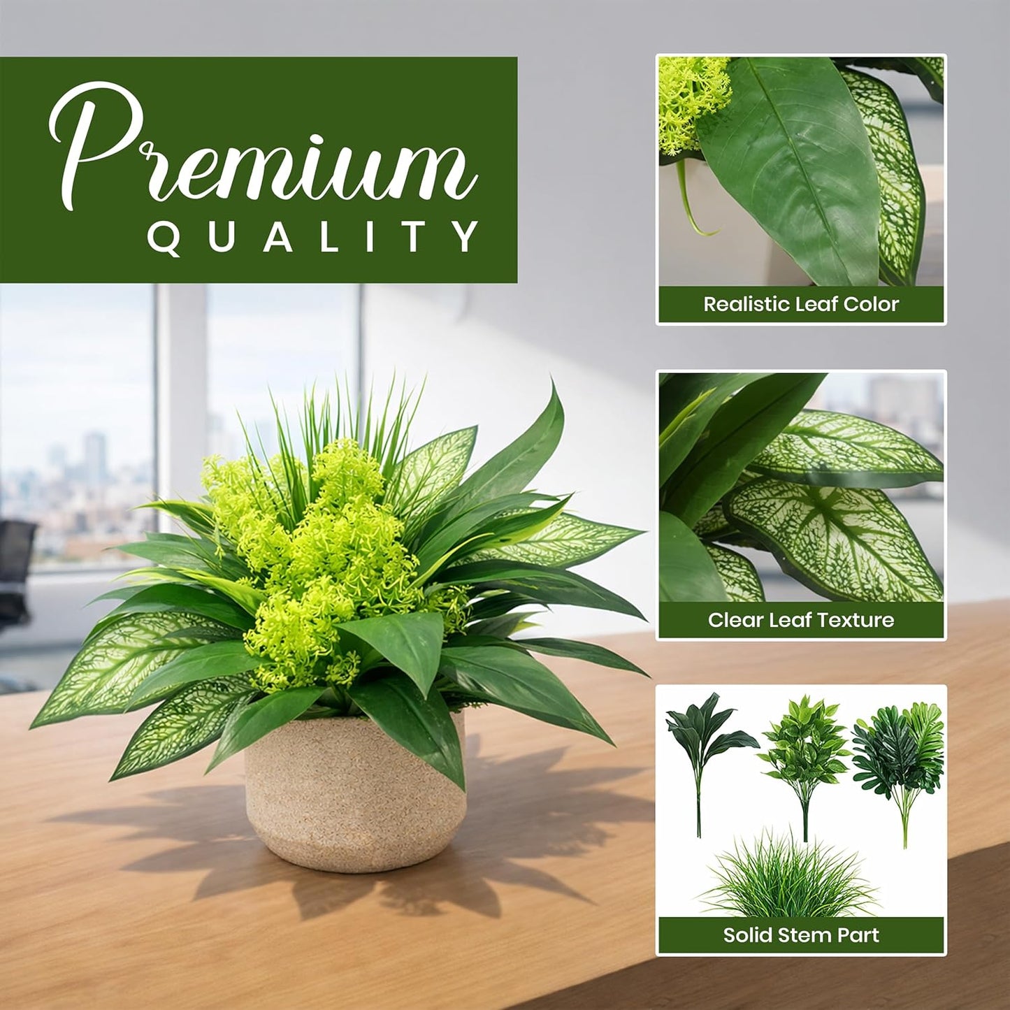 Artificial Plants, Green Foliage Arrangement with Planter Pot, UV Resistant Plastic, 15x11x4 Inches, Outdoor Patio Decoration
