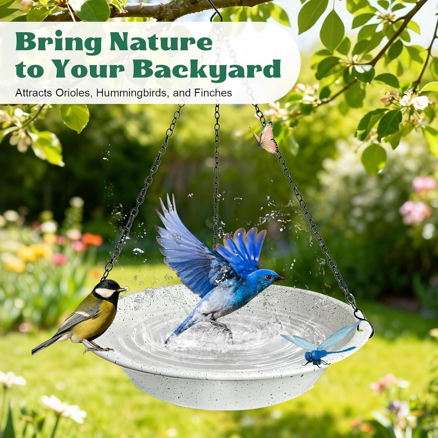 Metal Hanging Bird Bath for Outdoors,Gray Speckled Granite Look–Rust Proof Bird Water Bowl with Magnetic Dragonfly Decor,11.4 Inch Shallow Feeder Tray for Garden & Yard