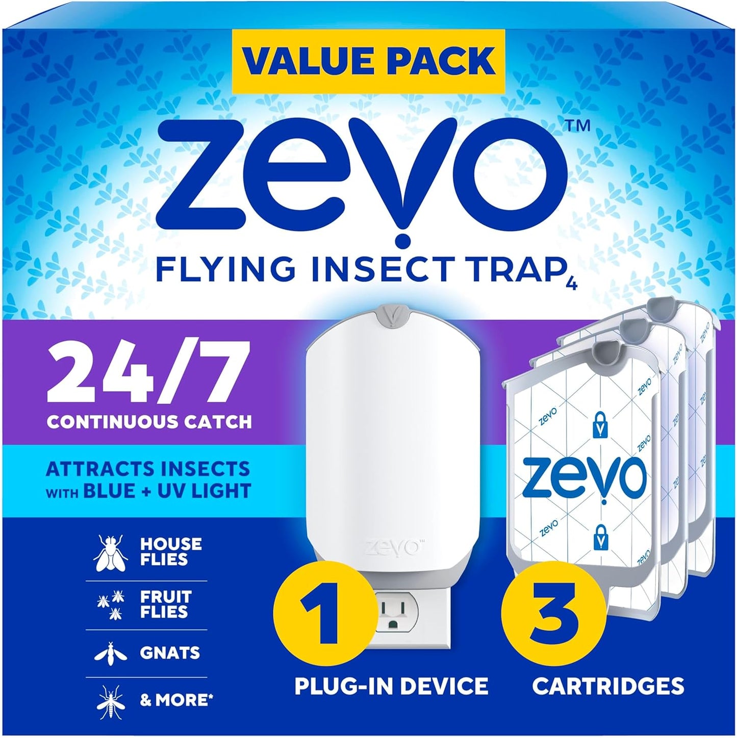 Zevo Flying Insect Trap & 3 Refill Cartridges - Plug in Fly Trap & Ind