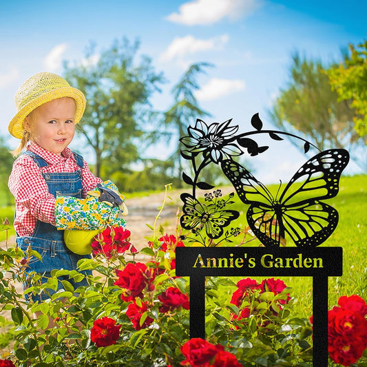 Personalized Garden Signs for Outdoor, Custom Butterfly Garden Sign with Stake Metal Waterproof, Customized Metal Name Sign, Patio Yard Decor Gardening Gift