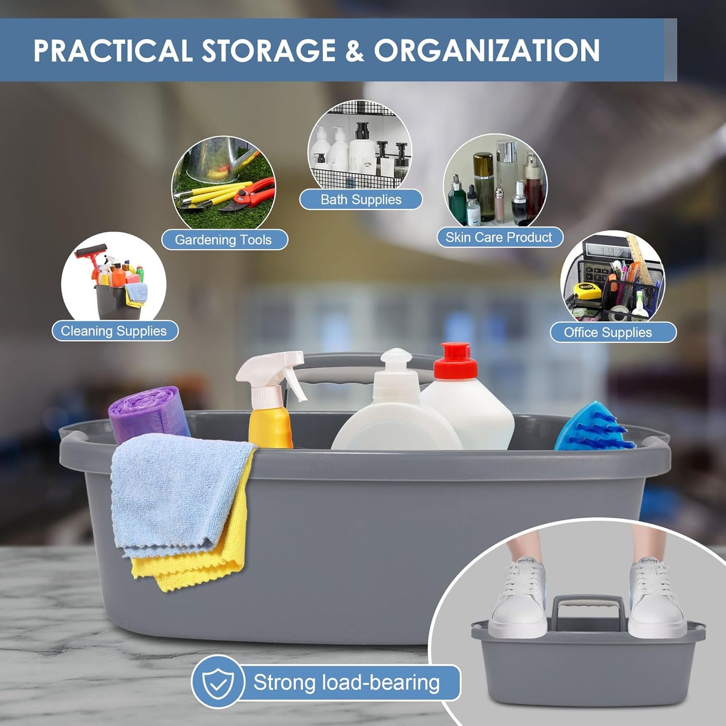 2 Pack Large Cleaning Supplies Caddy Organizer, Portable Shower Caddy Plastic Basket with Handle, Stackable Tool Storage for Bathroom, Garden, Kitchen, Home Organization, Grey